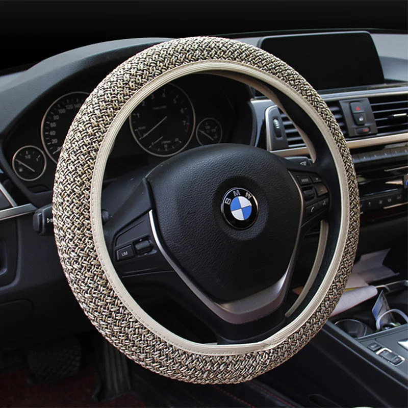 

KKYSYELVA Flax Auto Car Steering Wheel Cover 38CM/15'' Anti-catch Holder Protector Interior Accessories