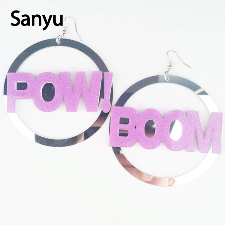 Exaggerated Cool Pow Boom Letter Acrylic Drop Earrings Night Club Party Dangle for Women Big Circle Hollow Out | Украшения и