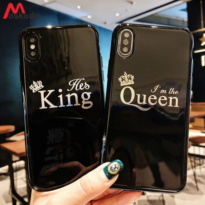 

Moskado Queen King Crown Case For iphone X 6 6s 7 8 Plus Glossy Couples Letters For iphone XS MAX XR Feather Planet Soft Cover