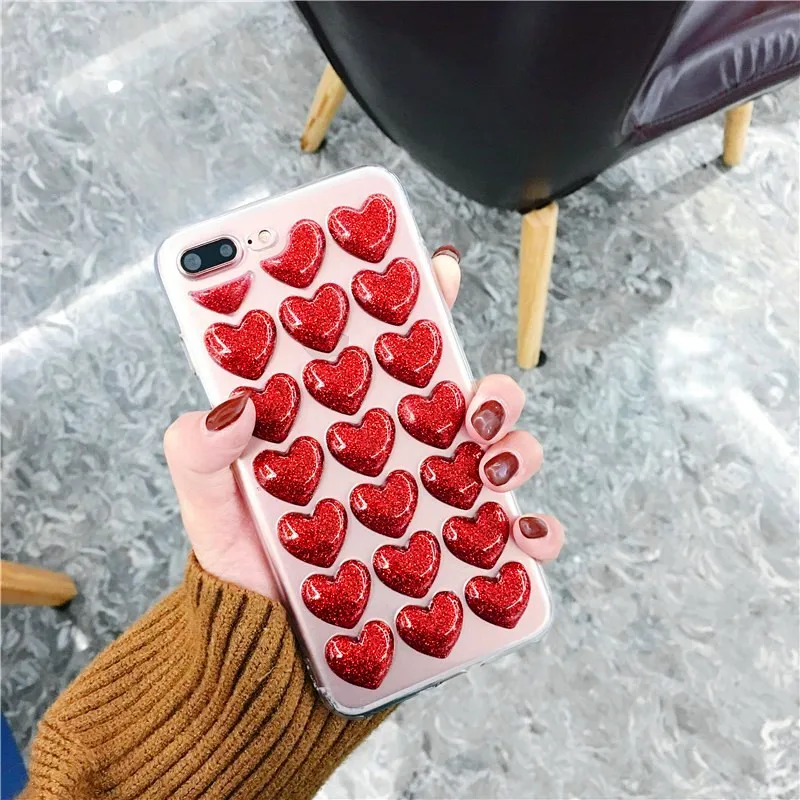 

Phone Case For iPhone 6 6s 7 8 Plus X Fashion Cute 3D Love Heart Glitter Bling Clear Soft TPU For iPhone7 Case