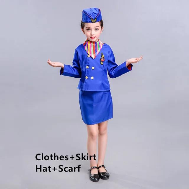 Kids Halloween Party Wear Military Uniform Air Force Flight Service Stewardess Air Hostess Girls
