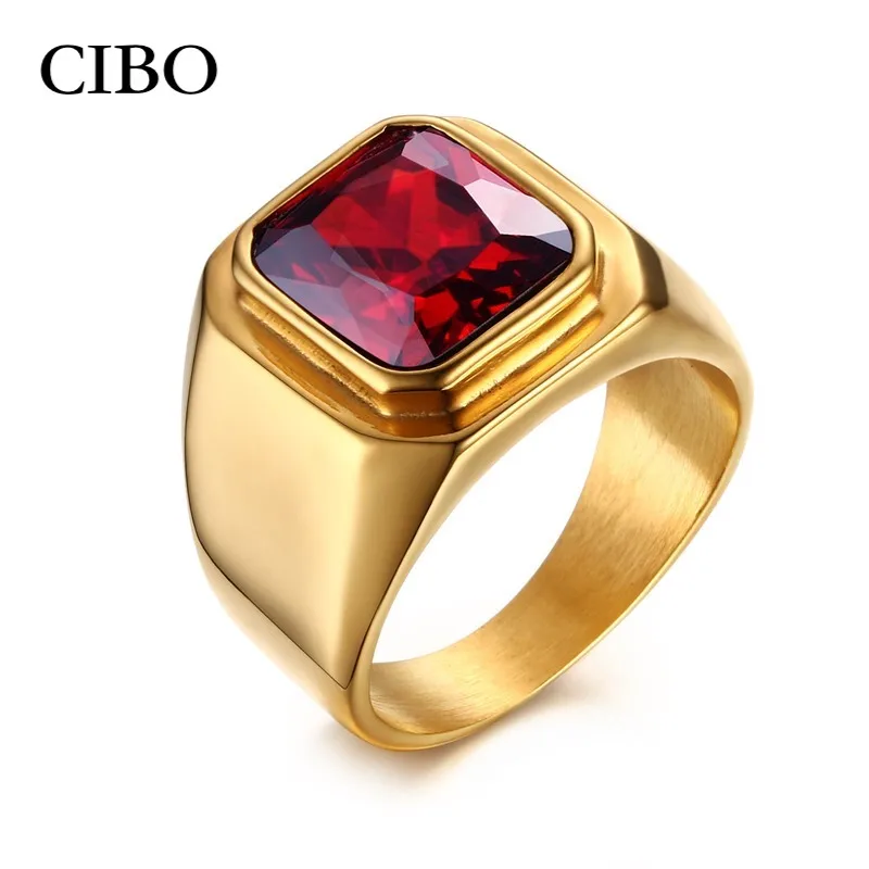

Casual Retro Men's Ring Red CZ Stone Square Top Stainless Steel Gold Color Daily Male Alliance Jewelry Size Ring For Men