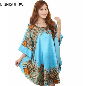 

Summer New Light Blue Chinese Style Silk Rayon Robe Women's Sexy Loose Home Dress Vintage Kaftan Bath Gown Pajamas One Size J04