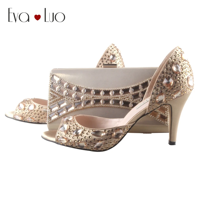 

BS009 Custom Made Gold Rhinestones Shoes And Matching Bag Set Women D'Orsay Wedding Shoes Evening Bags