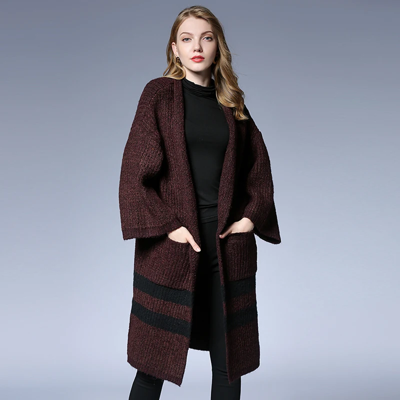 

Plus size fashion knitted sweater coats casual long sleeve loose striped women's V neck cardigans wool sweater autumn and winter