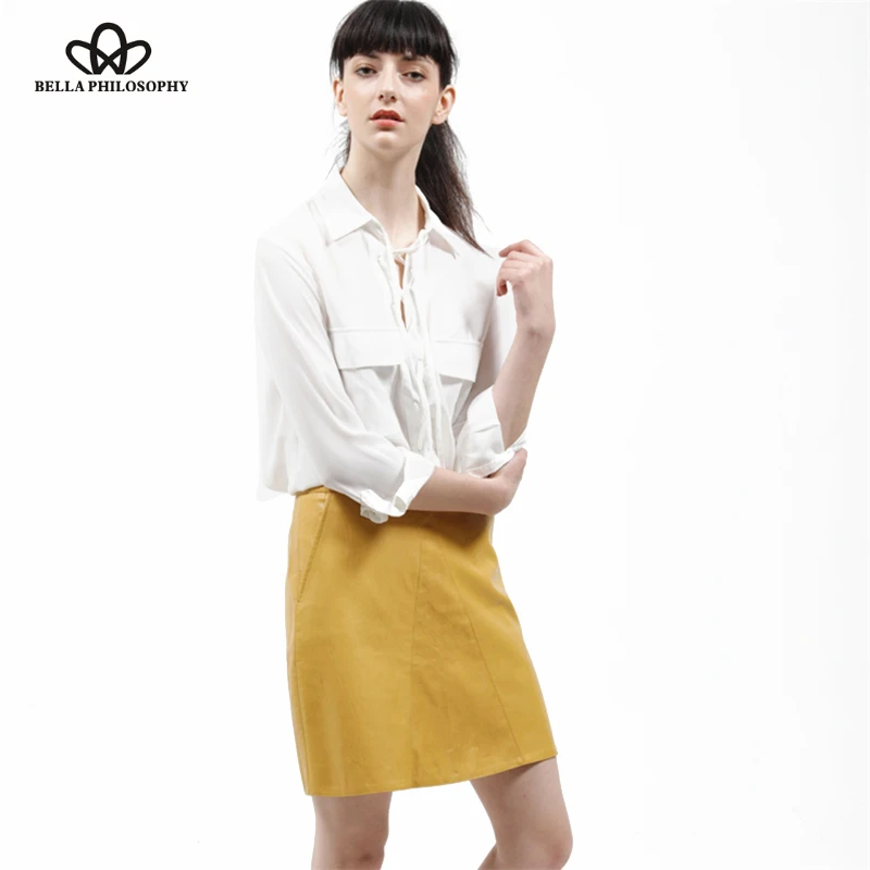 Bella Philosophy 2019 winter high waist Skrit PU faux leather women skirt pink yellow black green blue zipper mini skirt women