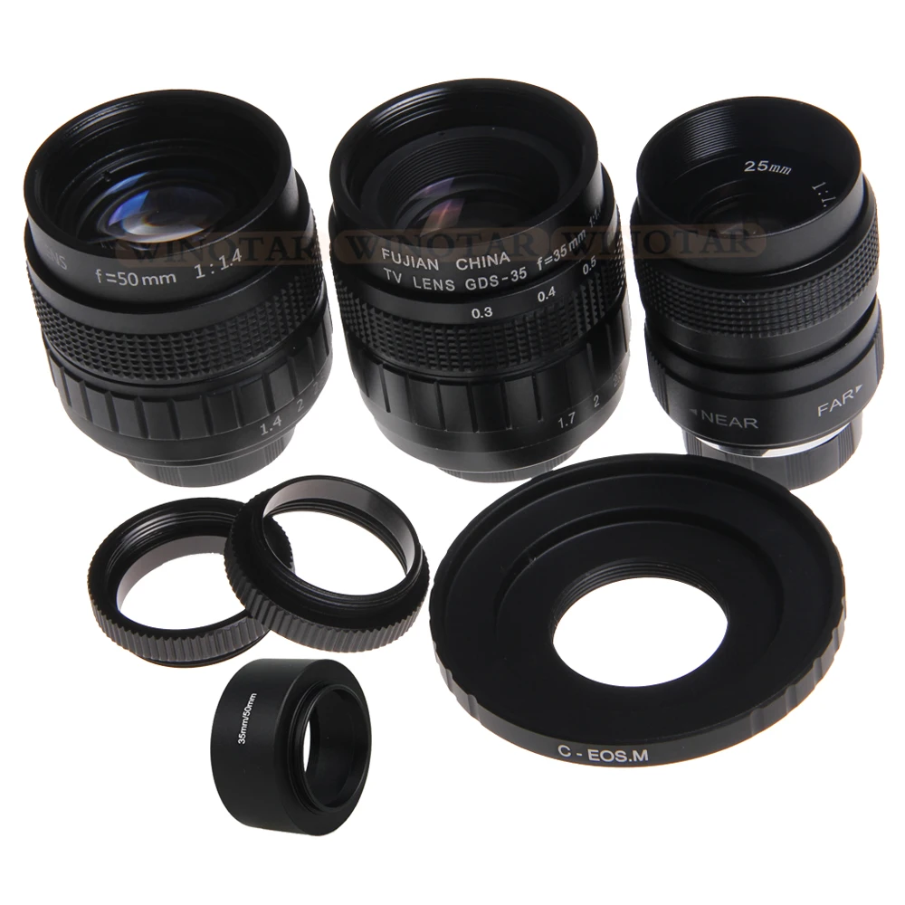 Фуцзянь 3в1 CCTV 25 мм f1.4 объектив/35 мм f1.7 объектив/50 мм f1.4 Набор кольцевых креплений для объектива C-EOS м кольцо для Canon EOS M EOS M2 M3 M5 M6 M10
