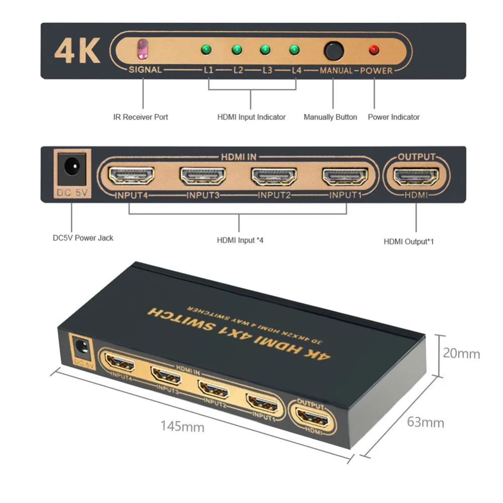 Aikexin HDMI Splitter 4 Port HDMI Switch Switcher HDMI1.4 4Kx2K 1080P 4 Input 1 Output HDMI Adapter Hub for XBOX 360 PS3 PS4