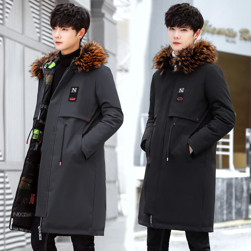 

Parkas Men 2018 New Winter Jacket Long Thicken Warm Cotton Big Fur Hooded Outwear Hooded Overcoat Can Be Worn On Both Sides 801