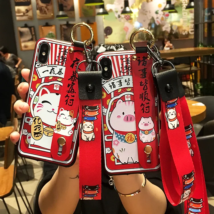 Oneplus 6T Cute Fortune Pig phone cover Lucky Cat back Case For 3 3T/One Plus 5 5T 1+6 case + 2straps |