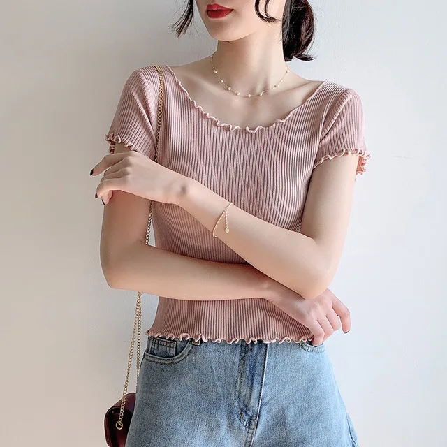 

New High Quality Ruffle Knitted Women T Shirt Summer Casual Short Sleeves Top breathable Tee Shirt High Elasticity Female Tshirt