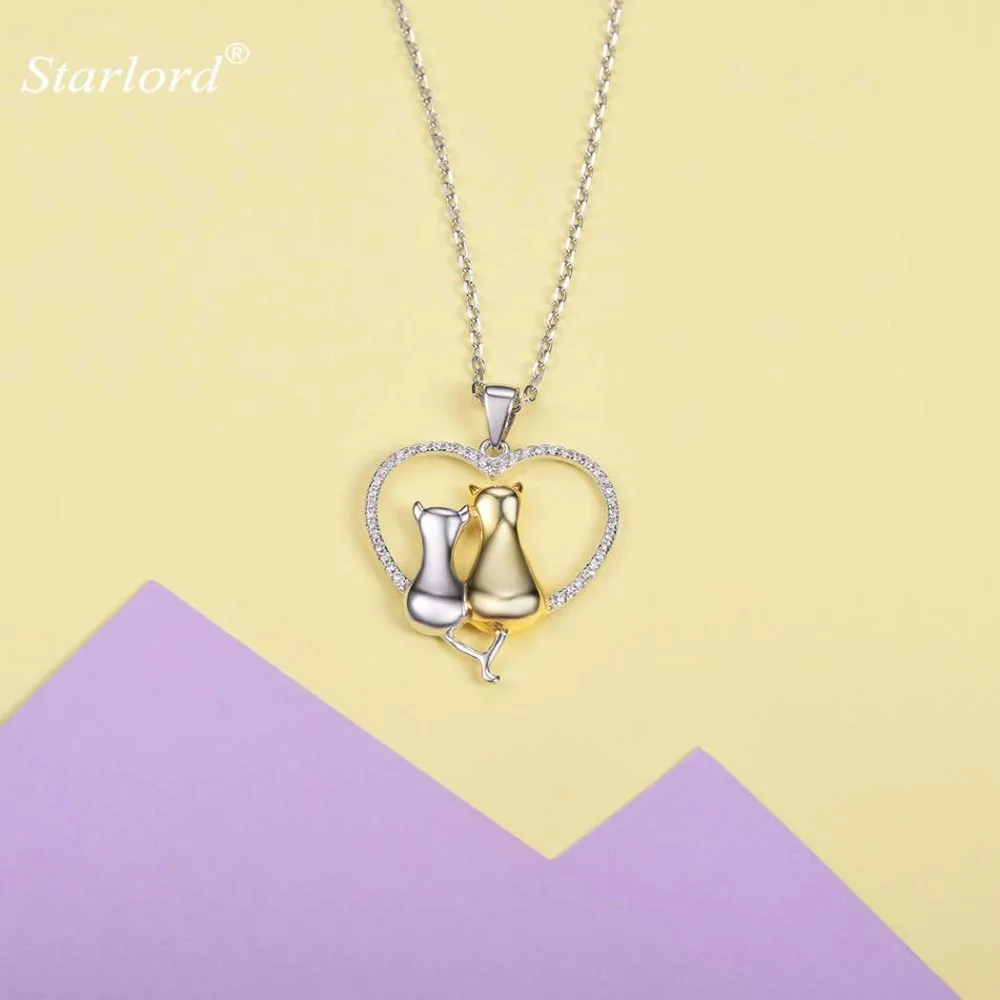 925 Sterling Silver Cat in Heart Necklace AAA Cubic Zirconia Two Tone Double Cats Love Heart Necklace Valentines Gift P6007B