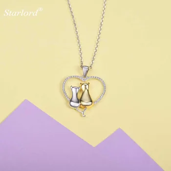 

925 Sterling Silver Cat in Heart Necklace AAA Cubic Zirconia Two Tone Double Cats Love Heart Necklace Valentines Gift P6007B