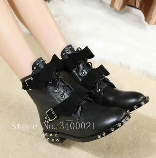 Black Leather Women Boots 2019 knot Lace UP Flats Spikes Rivets Studded Short Ankle Boots Shoes Woman Large size 42  Motorcycle
