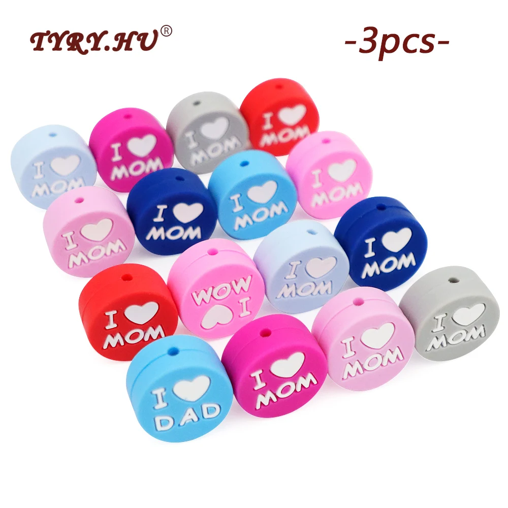 

TYRY.Hu 3pc/lot Food Grade Silicone I Love Mom And Dad Silicone Teething Bead Baby Silicone Chewable Beads DIY Necklace BPA Free