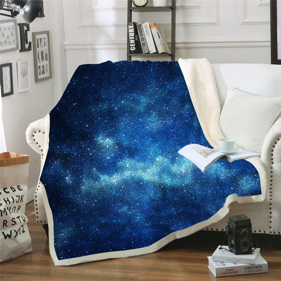 New 2019 Blue Galaxy Printed Velvet Plush Throw Blanket Bedspread for