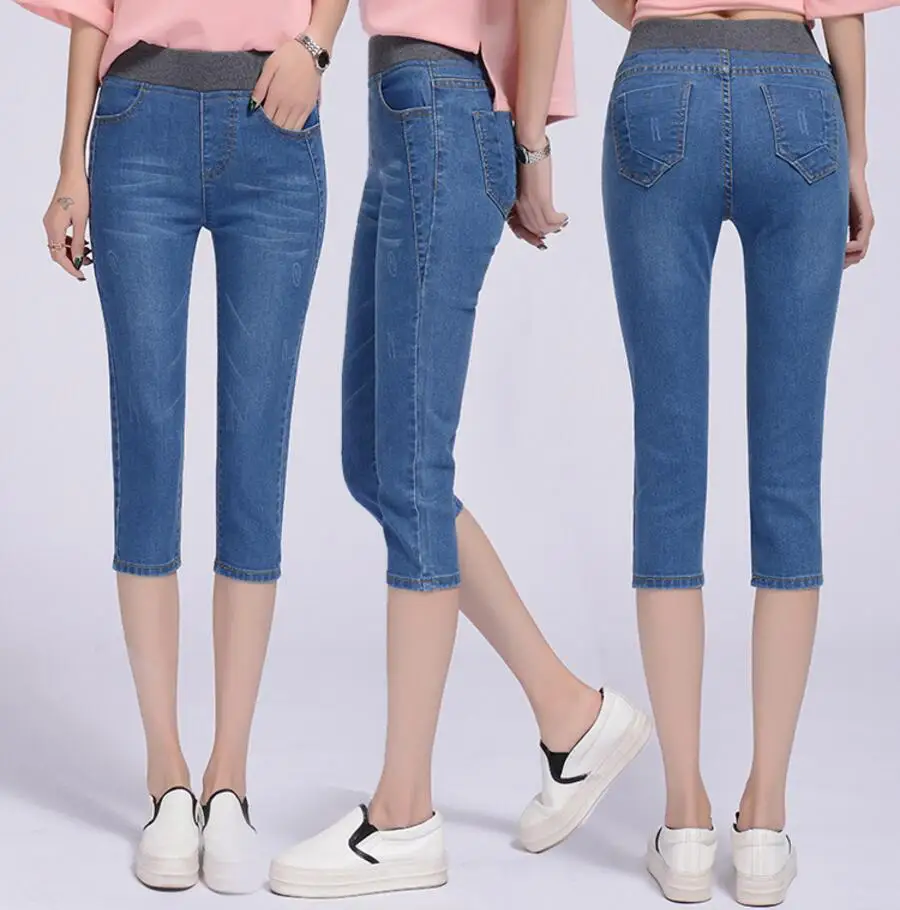 Новые джинсы модные повседневные летние укороченные брюки женские джинсы эластичные с высокой талией облегающие Стрейчевые брюки размера плюс 26-40