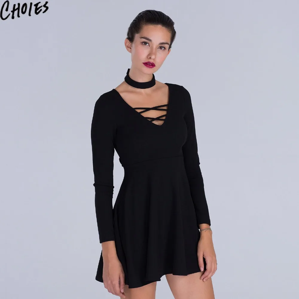 Women Black Choker Cut Out Dress Sexy V Neck Long Sleeve Tied Back A