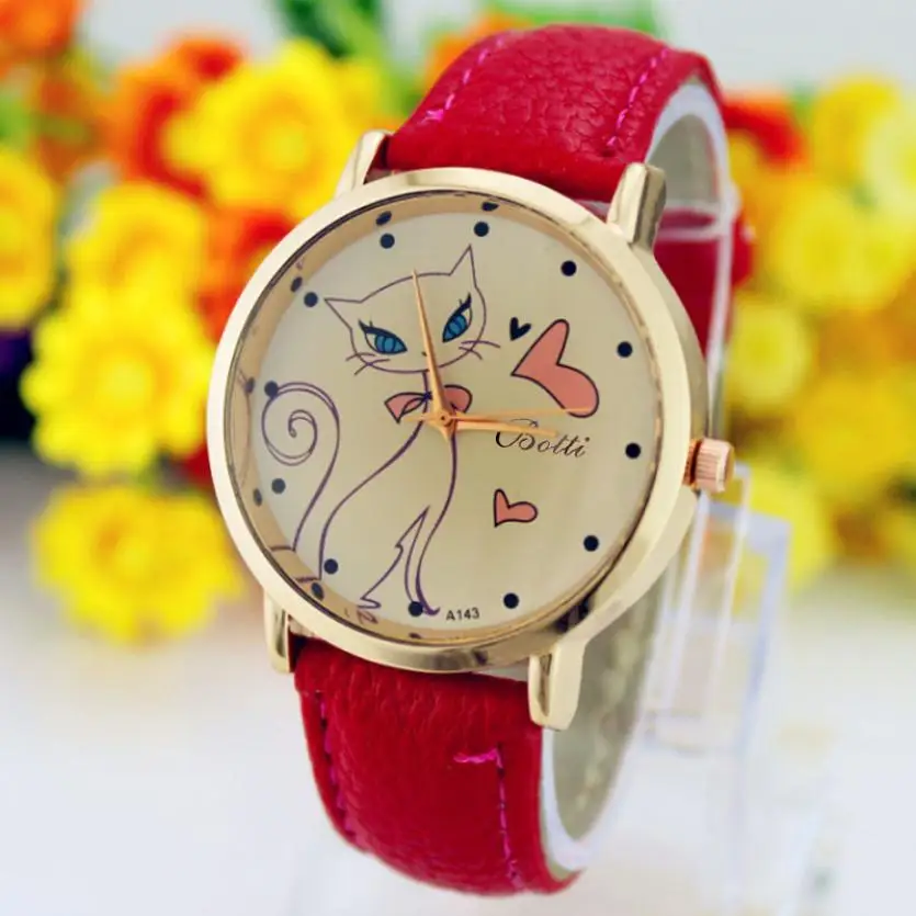 

Fashion 2018 Watch Luxury Crystal Lovely and elegant Fashion Women Faux Leather Strap Band Analog Quartz Wrist Watch Cat