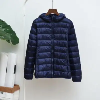 S-7XL light down jacket female short paragraph large size fat MM lightweight jacket hooded thin coat fashion women's clothing - Цвет: Navy