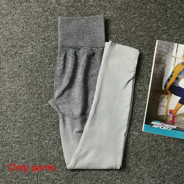 Gray White pants Женский комплект для йоги, одежда для спортзала, топ с коротким рукавом+ Бесшовные Леггинсы с эффектом омбре, спортивный костюм для тренировок, спортивная одежда для фитнеса, одежда для активного отдыха - Цвет: Gray White pants