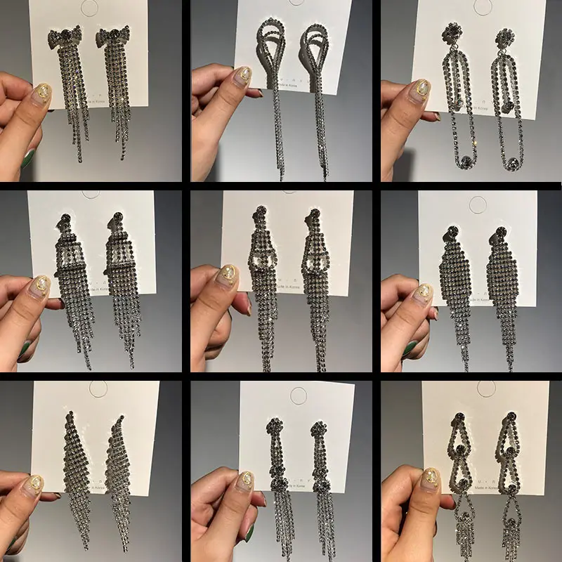 Flatfoosie New Silver Color Rhinestone Crystal Long Tassel Earrings for Women Bridal Dangle Earrings Brincos Wedding Jewelry