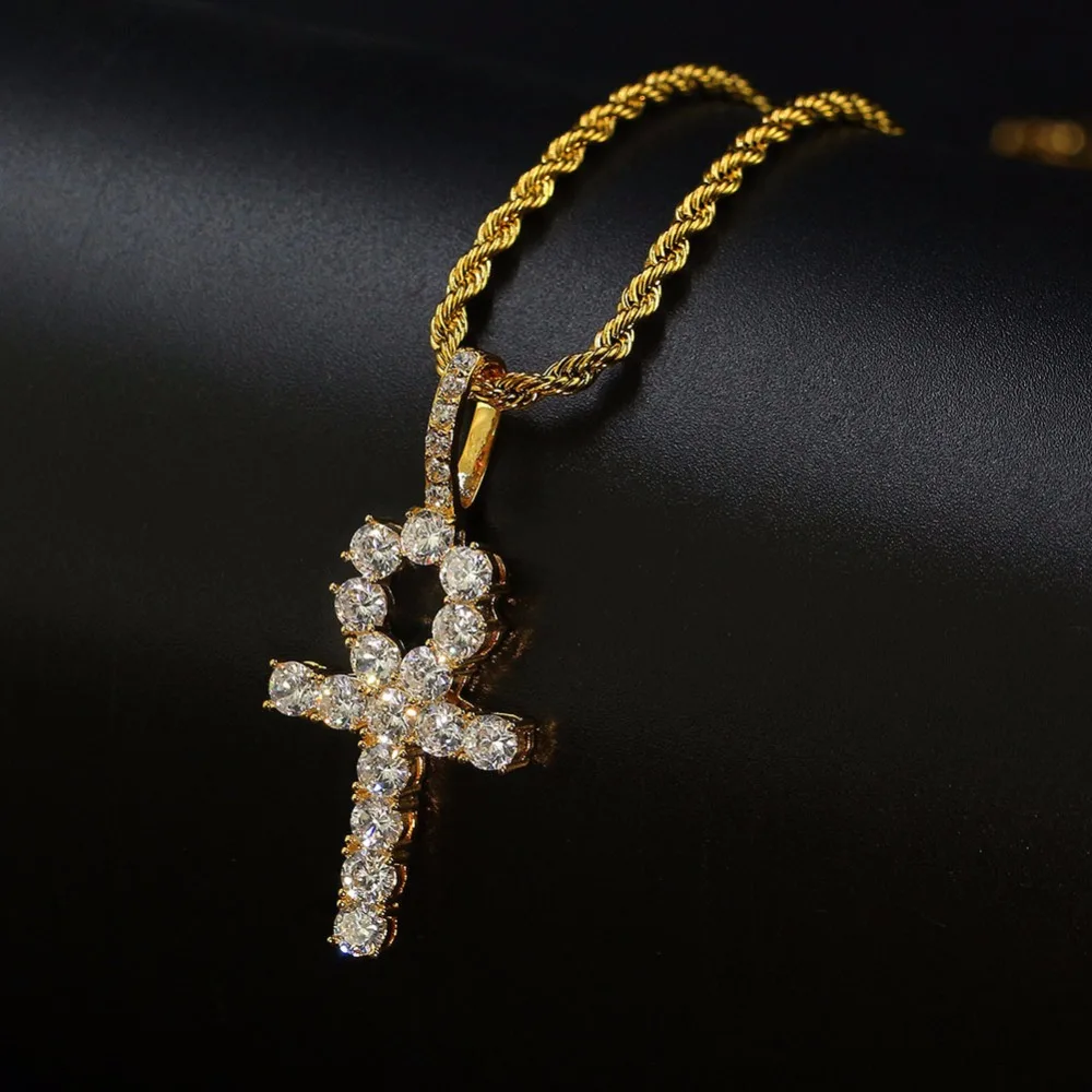 Gold Color Copper Prong Setting CZ Stone Bling Ice Out Egyptian Ankh Cross Pendants Necklaces Men Women Hip Hop Rapper Jewelry | Украшения