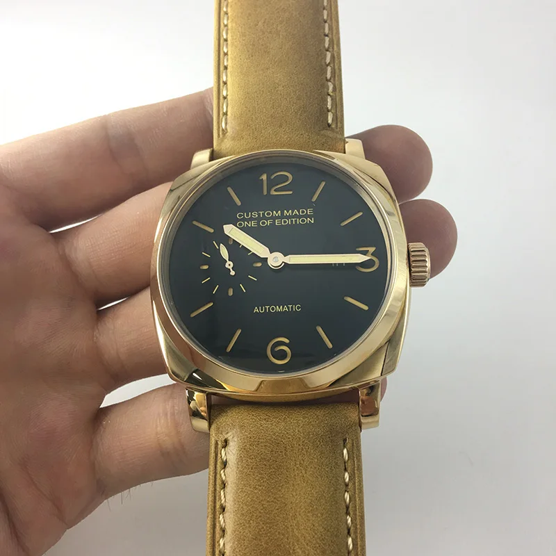 

OUMASHI 47mm Men Automatic Machinery Watch Stainless Steel Case Leather Strap Luminous Black Dial PVD Case Military Watch