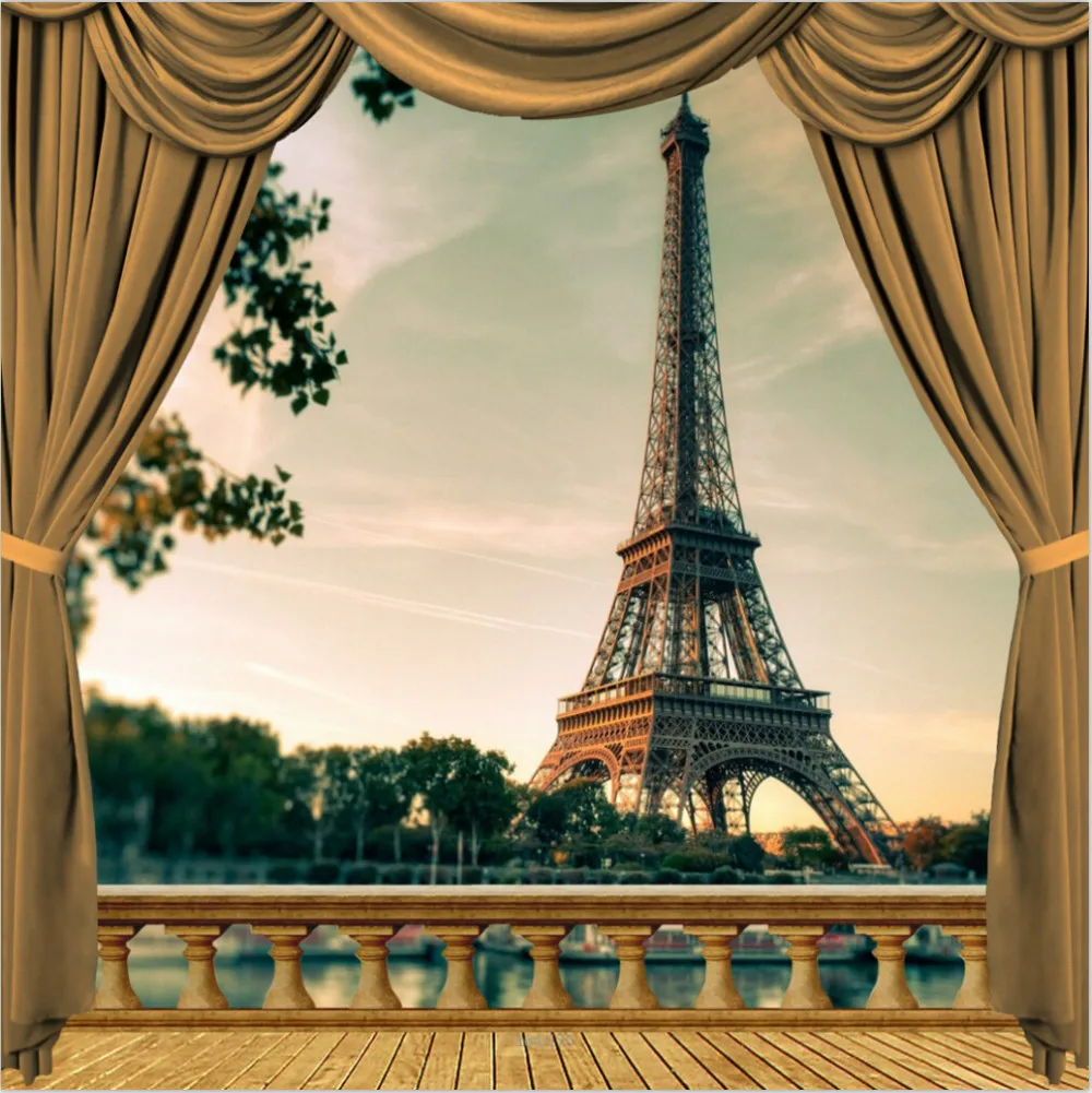 10x10FT Paris Eiffel Tower River Wooden Balcony View Tan Drape Curtain