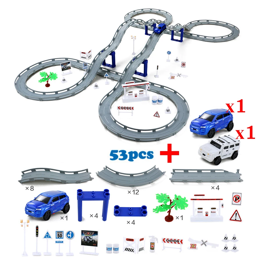 DIY multi-track Rail автомобильный Строительный блок Набор железнодорожных поездов, спиральный трек горки электрические автомобильные развивающие сборочные игрушки - Цвет: 53 pcs with 3 cars