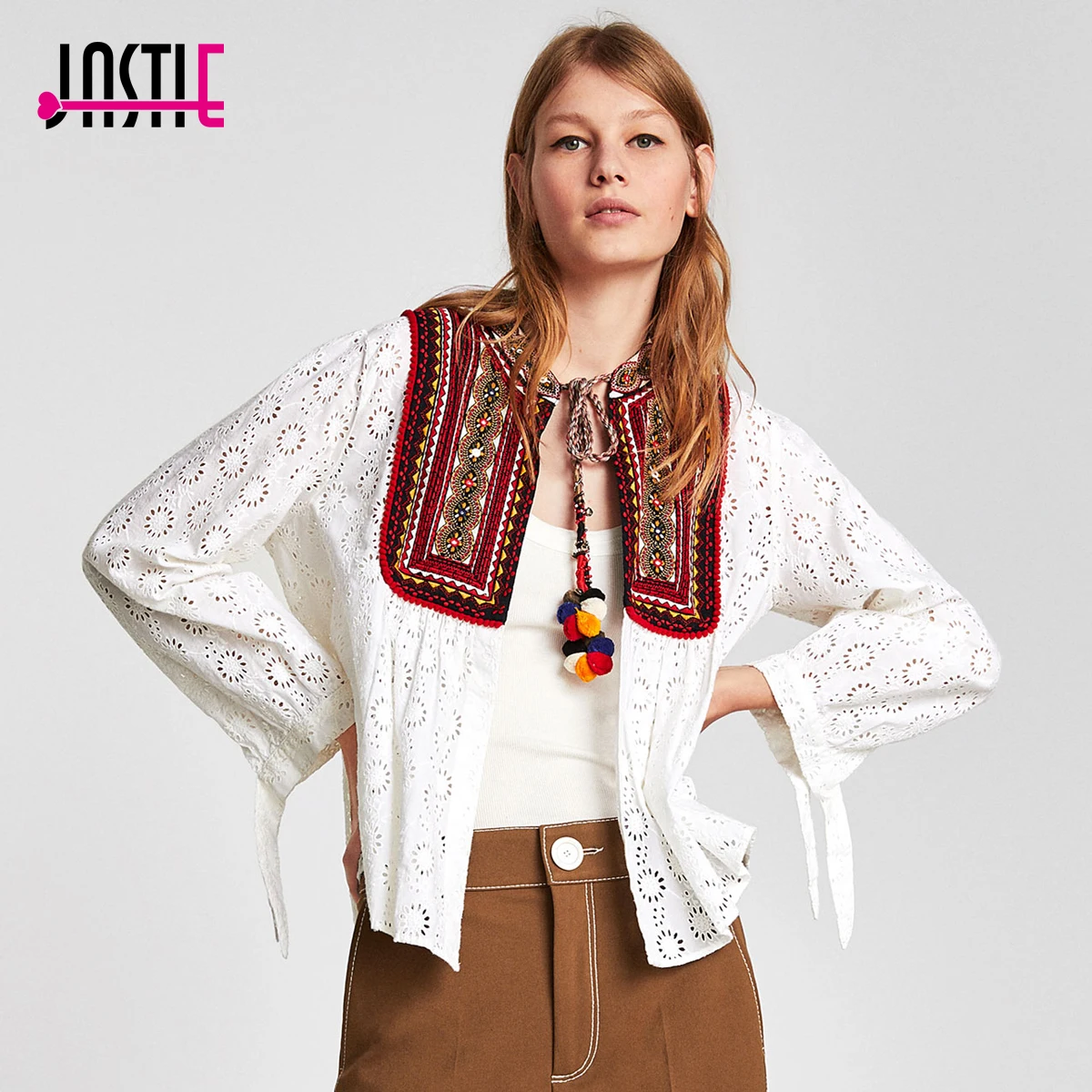Jastie Round Neck Cardigan with Embroidered Bib Front Boho Tassels