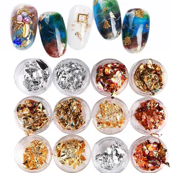 

4 colors 12 Pot/Set Nail Foils Sticker Gold Silver Glitter Paillette Flake Chip Foil Paper 3D Nail Art Decoration Laser Decal,JY
