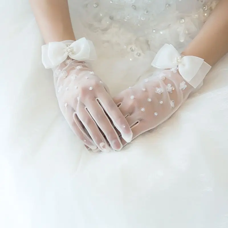 Простые короткие весенние летние сетчатые тонкие перчатки с искусственным жемчугом и бантом Новое свадебное платье перчатки невесты
