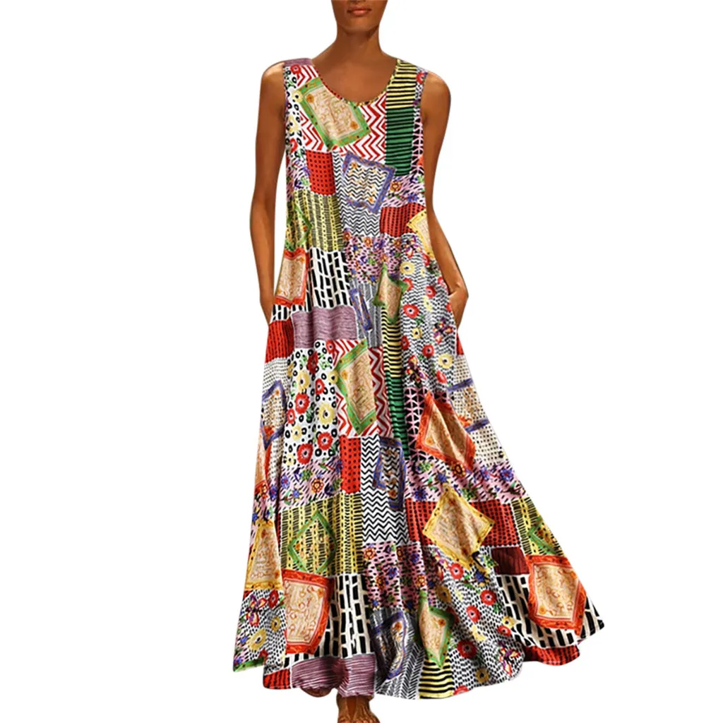 

Summer Dress Women Vintage Dress Casual Women Vintage Print Floral Patch Dress Sleeveless O-Neck Loose Maxi Dress
