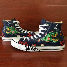 Вэнь ручная роспись обувь дизайн на заказ рыбок Мужская Женская высокая обувь синий холст кроссовки подарки на день рождения