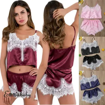 

Women Sexy Lace Satin Sleep Nightwear Babydoll Sleepwear Top+Shorts Set