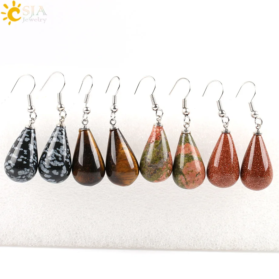 CSJA 16 Colors Classic Tear Water Drop Natural Stone Beads Crystal Pendant Dangler Dangle Earring Women Jewelry Decoration E108