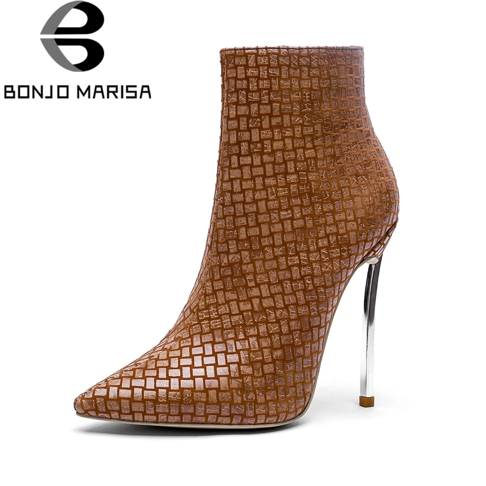 

BONJOMARISA New Solid 12cm High Heel Zip Top Quality Shoes Woman Casual Fashion Autumn Ankle Boots Large Size 33-43