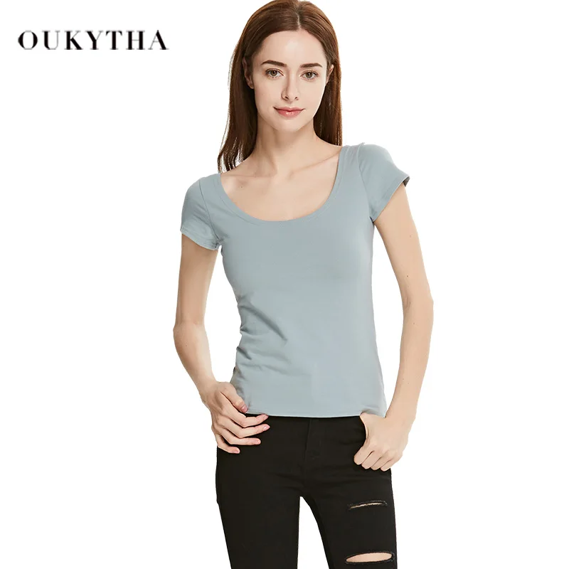 

Oukytha 2018 High Quality Plain T Shirt Women Cotton Elastic Basic T-shirts Female Casual Tops Short Sleeve T-shirt Women K16638