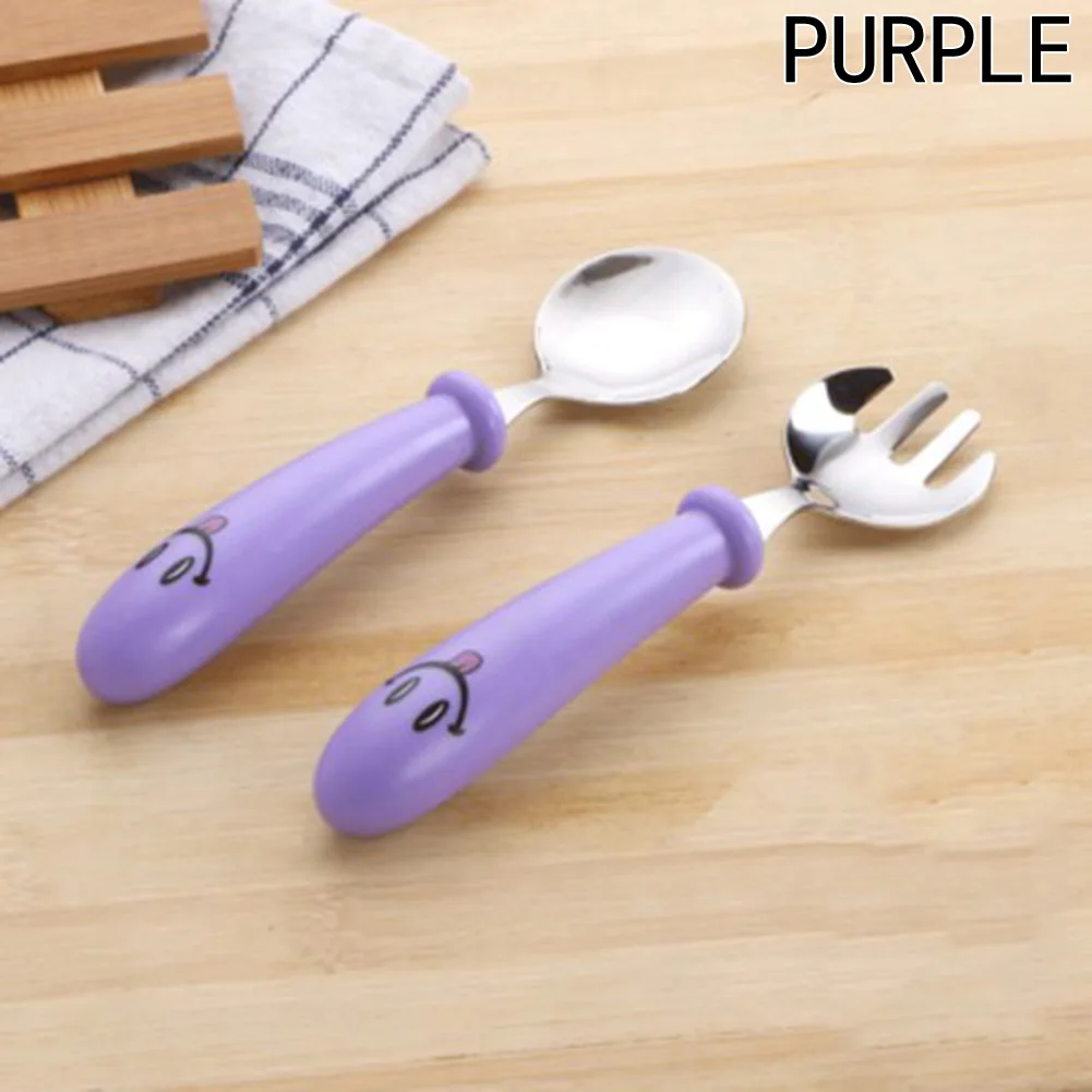 New 2Pcs/Set Lovely Baby Kids Feeding Spoon Fork Stainless Steel Baby