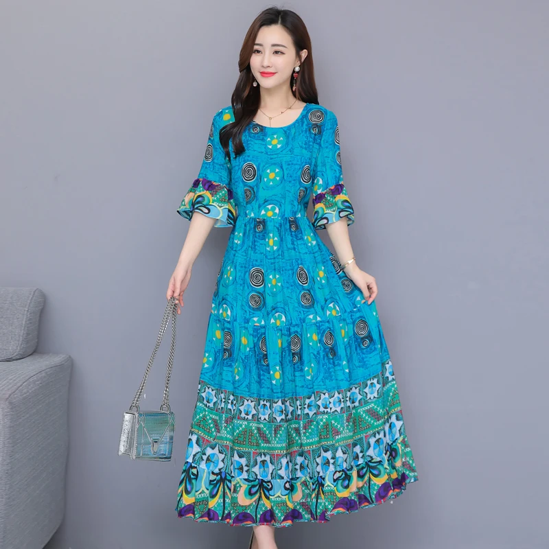 

Plus Size Summer Print Bohemian 3XL Dress 2019 Long Chiffon O-Neck Short Sleeve Sexy Seaside Resort Beach Party Dress Vestidos