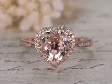 Solid 14k Rose Gold 8mm Heart Shaped Cut Pink Morganite Gemstone Diamond Halo Engagement Anniversary Wedding Promise Ring Band