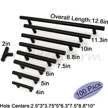 Stainless Steel Black Diameter 12mm Hole Center 64mm~256mm Kitchen Cabinet T Bar Door Knob Furniture Drawer Handle Pulls 100Pack