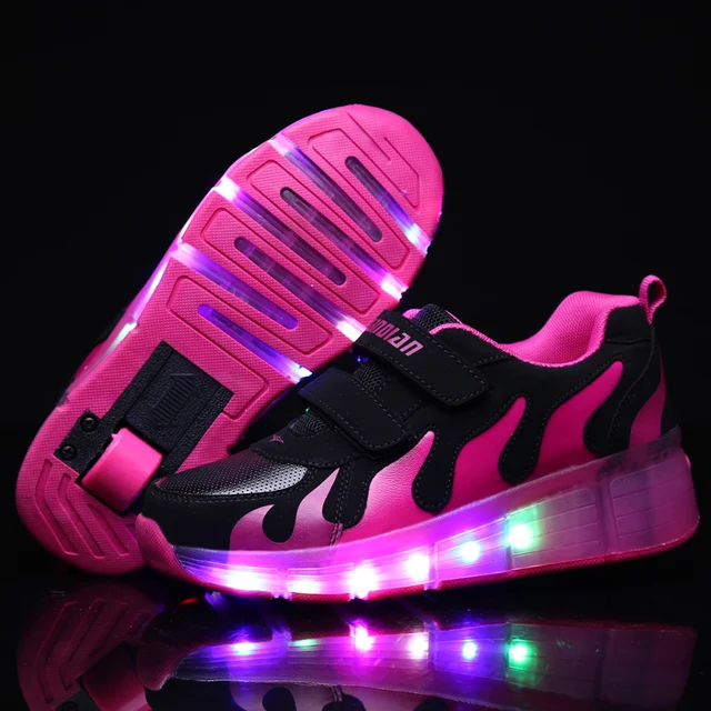 US $13.11 Pink Gold Children Glowing Sneakers Kids Roller Skate Shoes Children Led Light up Shoes Girls Boys 