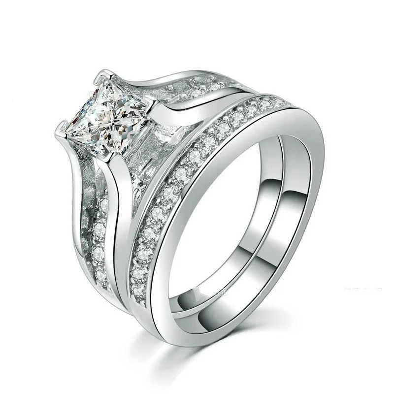 

Designer Classic Square Rhinestone Engagement Rings Sets for Women White Crystal Wedding Promise Ring Fashion Boho Jewelry Gift