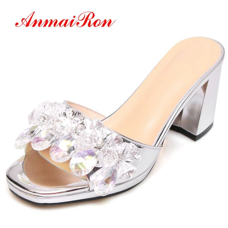

ANMAIRON Fashion Crystal High Heels Slippers Sheepskin Solid Summer High Heel Women Shoes Size 33-40 LY1357