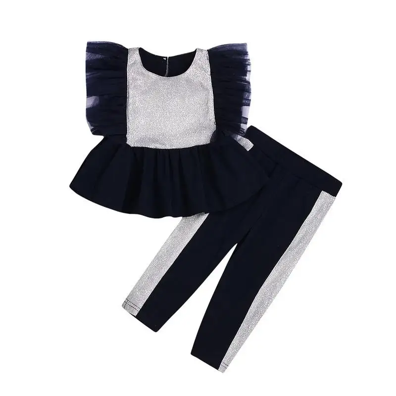 Chifuna/Новое поступление, модный кружевной топ с цветочным узором и блестками+ штаны, комплекты для детей, одежда для девочек - Цвет: Navy