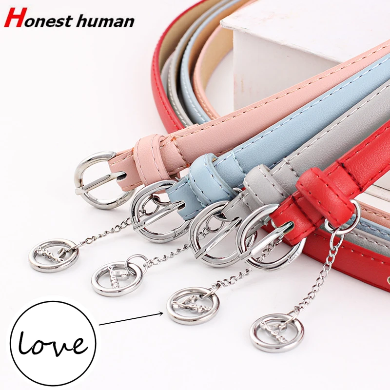 

Brand Luxury Women Leather Thin Belt Fashion Metal Love Round Pendant Belts For Jeans Summer Dress Decorative Waist Strap Black