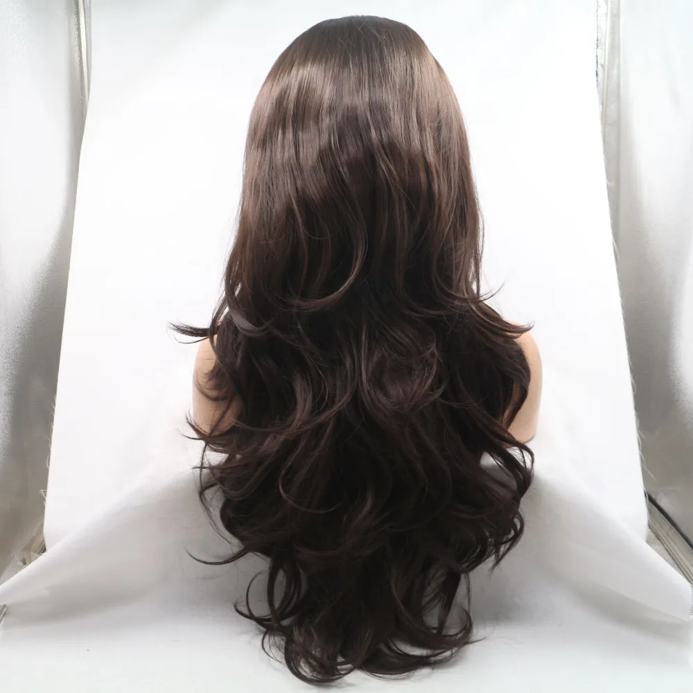 Marquesha Средний коричневый синтетический парик фронта шнурка длинные волнистые естественный вид бесклеевой парик фронта шнурка для женщин