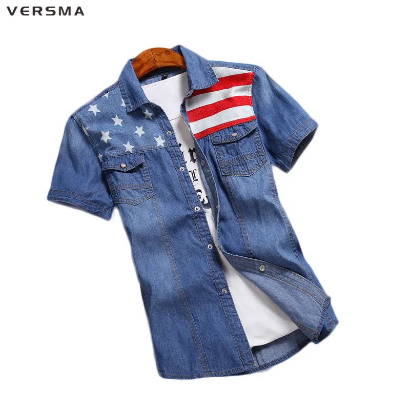 

VERSMA Korean Style Clothing Men Dress Shirt Slim Fit Short Sleeve Cowboy Denim Shirt Luxury Men Britain American Flag Shirt Men